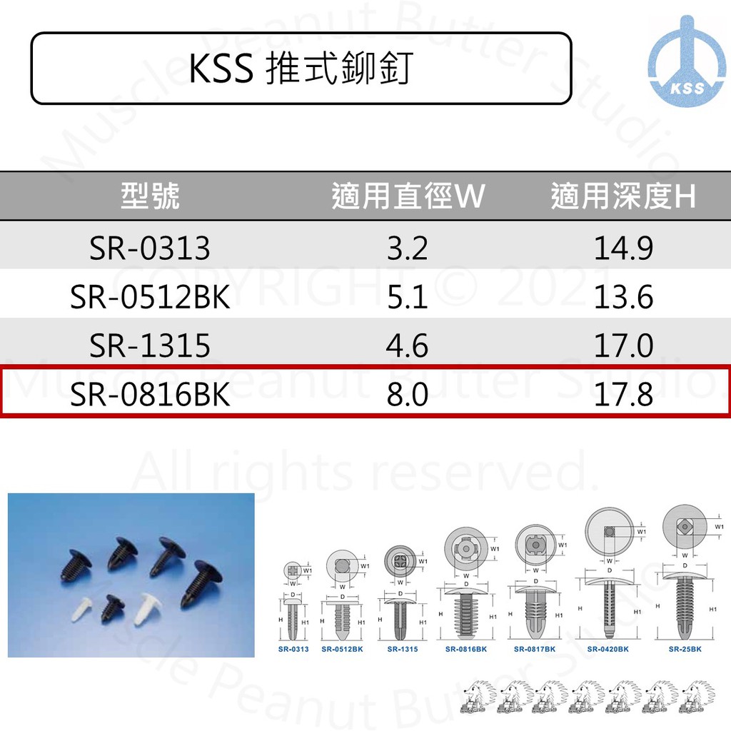 KSS 推式鉚釘 SR-08168K 100pcs 車用 鉚釘 塑膠螺絲