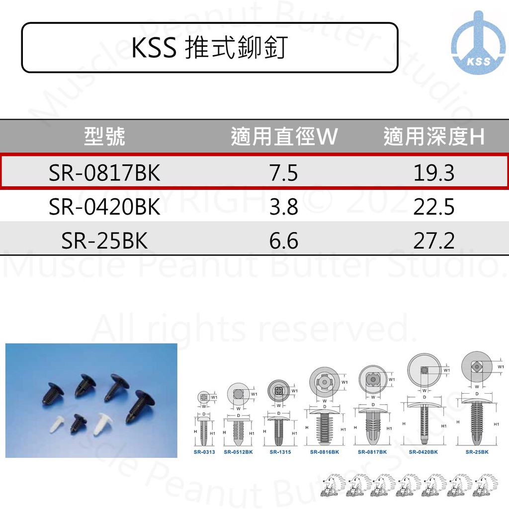 KSS 推式鉚釘 SR-0817BK 100pcs 車用 鉚釘 塑膠螺絲