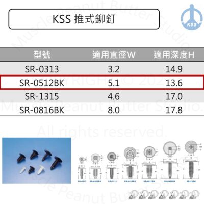 KSS 推式鉚釘 SR-0512BK 100pcs 車用 鉚釘 塑膠螺絲
