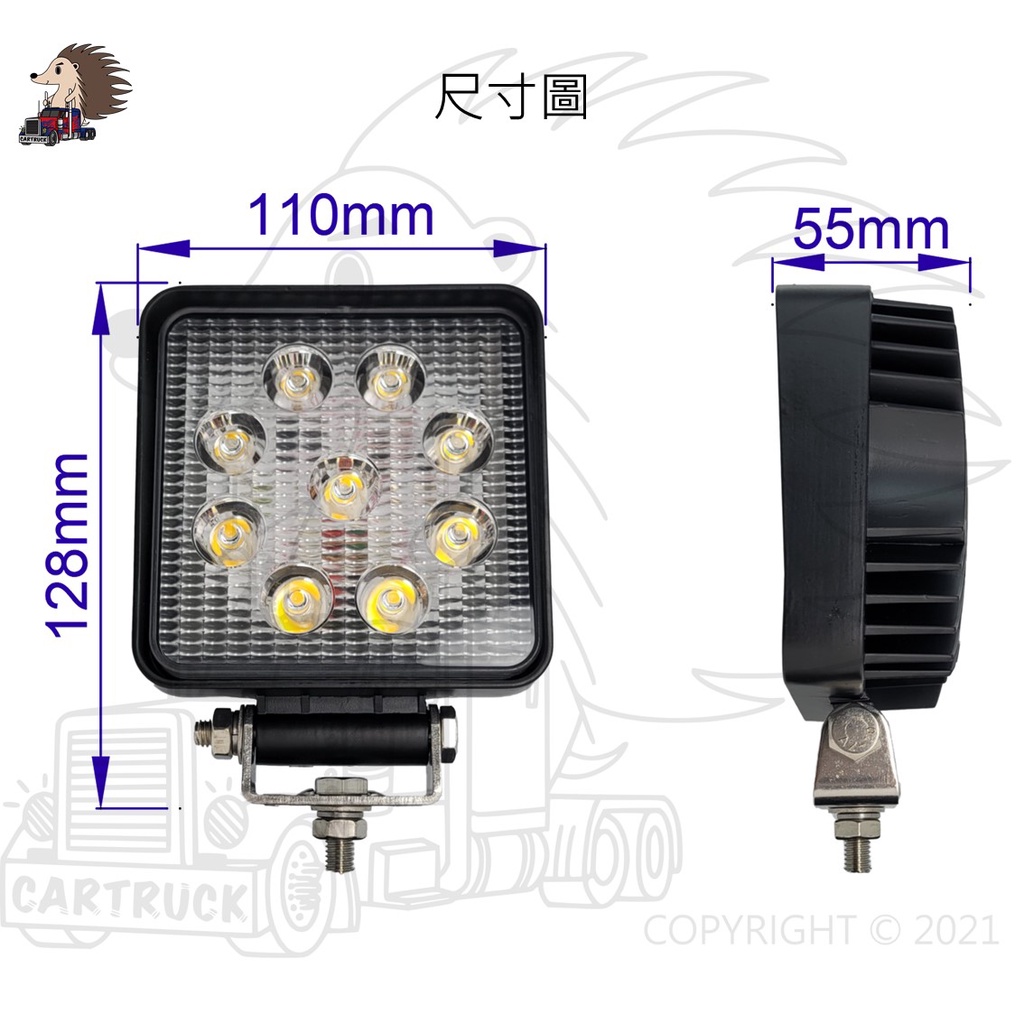 【LED工作燈】方形 27W 10-36VDC 白光 黃光 琥珀光 厚款 泛光 探照燈 照明燈 車用:圖片 3