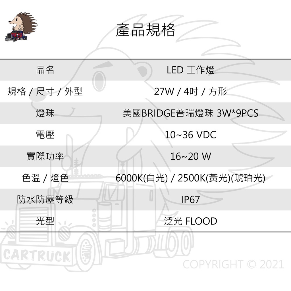 【LED工作燈】方形 27W 10-36VDC 白光 黃光 琥珀光 厚款 泛光 探照燈 照明燈 車用:圖片 2