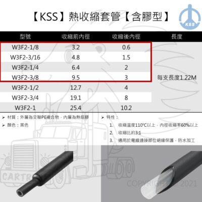 【KSS 凱士士】【配線器材】【熱縮套管】【含膠型W3F2】【1/8 3/16 1/4 3/8】1.22m 防水熱縮套管