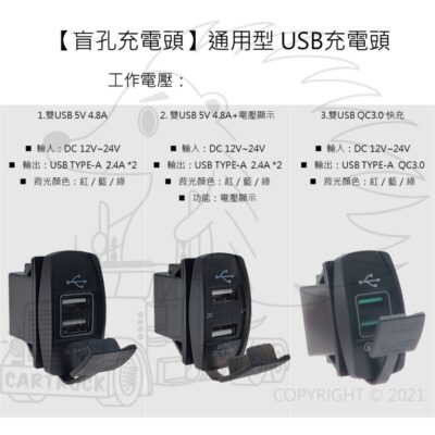 【盲孔充電頭】【通用型】【雙USB 5V 4.8A ／雙QC3.0快充／電壓顯示】車載充電頭 盲塞車充 USB車充