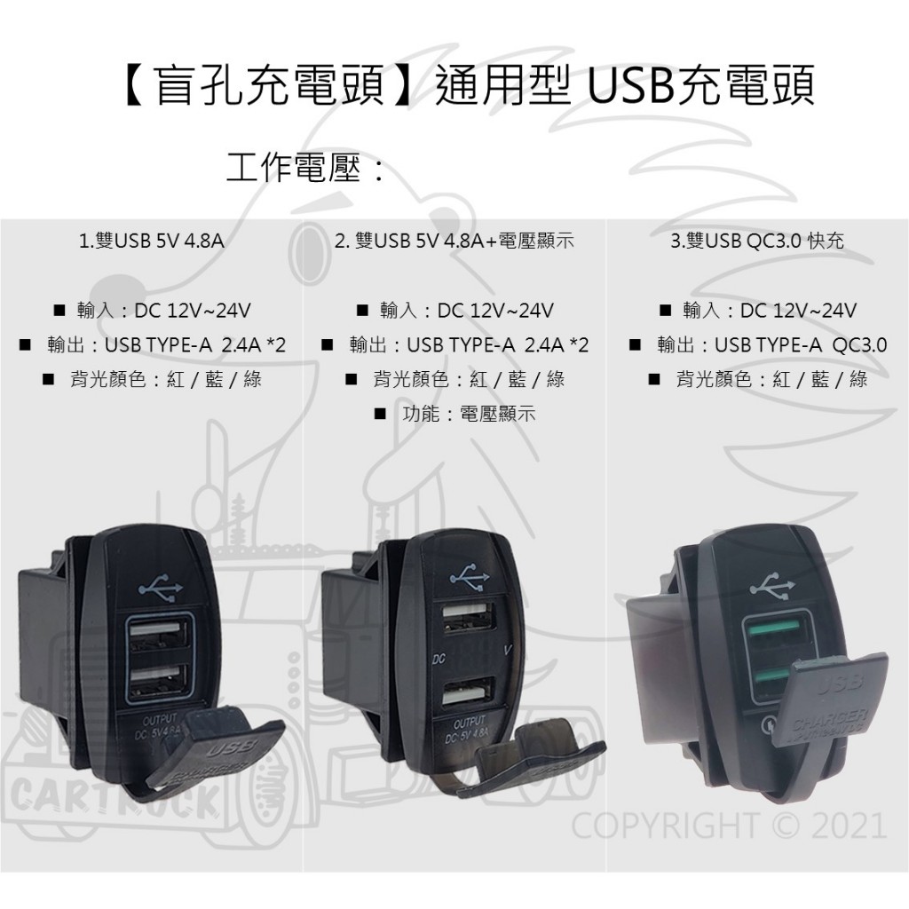 【盲孔充電頭】【通用型】【雙USB 5V 4.8A /雙QC3.0快充/電壓顯示】車載充電頭 盲塞車充 USB車充